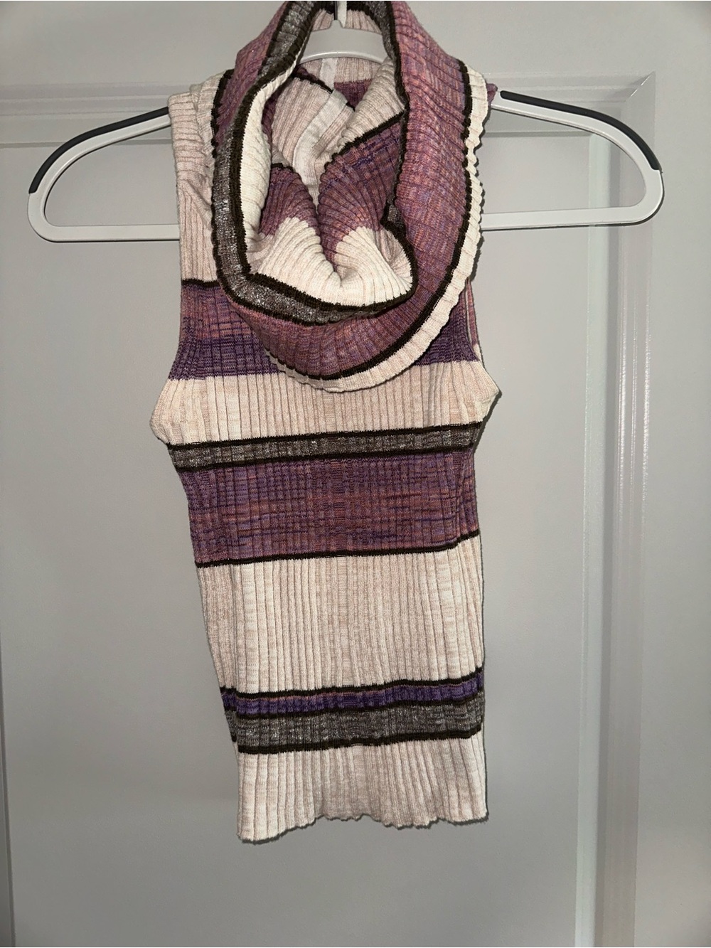 Free People Ribbed Cowl Neck Tank Top in Lavender, Cream and Brown Stripes
